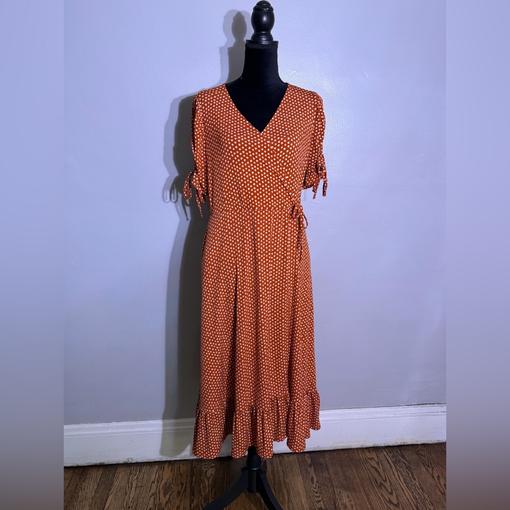 Torrid - Studio Knit Midi Cross Dress, Oxide Brown with White Polka Dots, Size00 - Picture 2 of 11